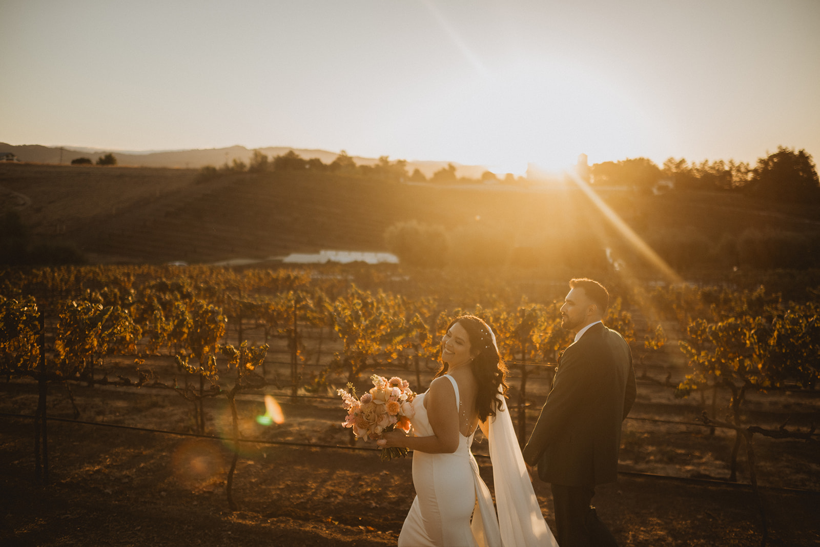 Bride and groom walking through vineyard rows at sunset at a winery in Hollister CA