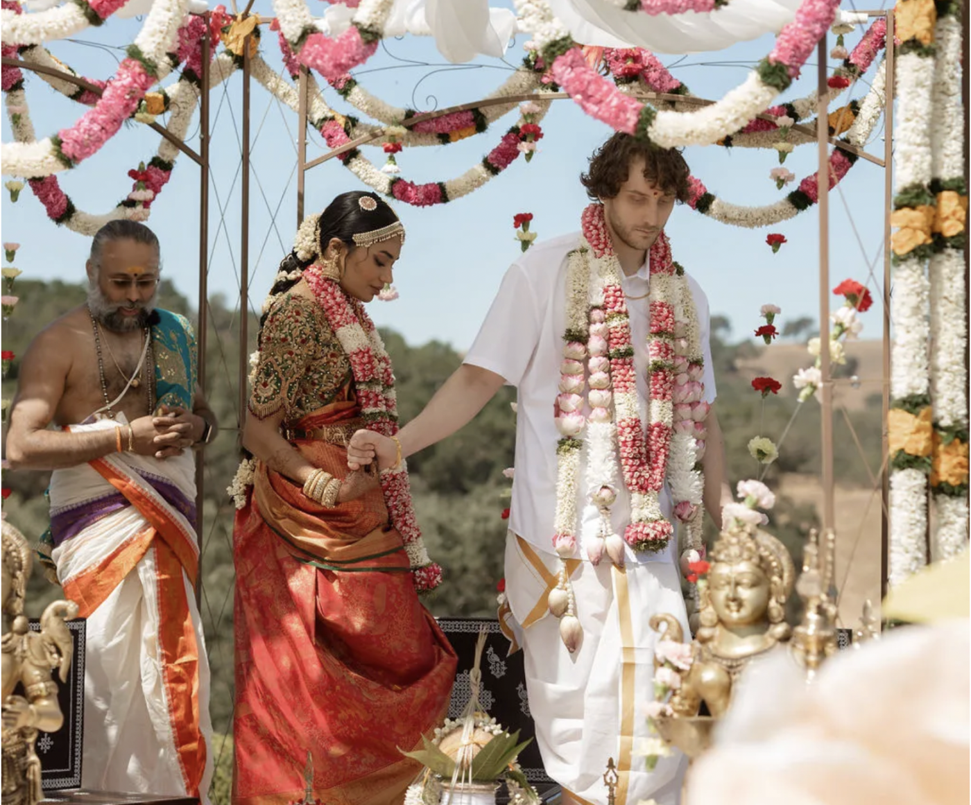At this multicultural wedding in San Francisco, the bride wore her mother's 30-year-old bridal sari