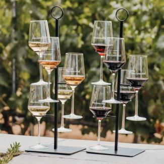 Wine tasting flight at MOHI Ranch in Morgan Hill, California featuring red and white wines overlooking vineyard rows